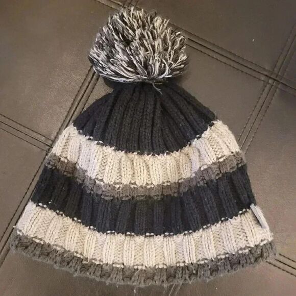 Turtle Fur Beanie Adult Knit Winter Cap with Pom Fleece Lined Black Striped - Picture 2 of 6